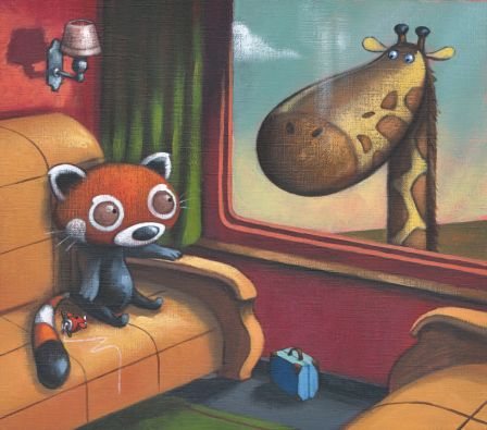 Lucas le panda roux dans un train, une girafe à la fenêtre
